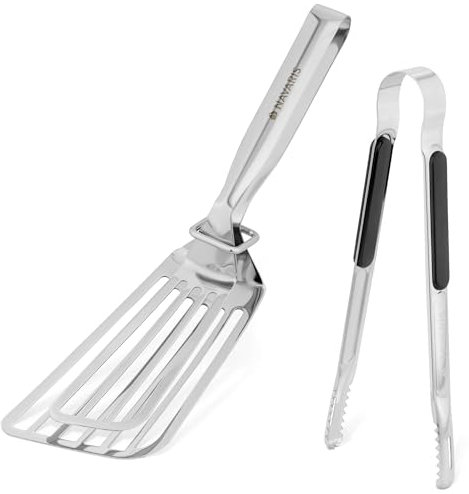 Navaris Doppia Paletta e Pinze - Set Utensili in Acciaio Inox Antiaderente - Spatola per Cucinare Pesce e Carne - Pinza Cucina e Barbecue