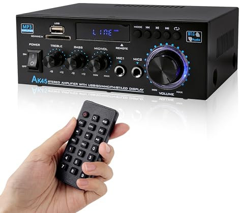 HiFi Verstärker AK45, 2 Kanäle 800W Soundverstärker Bluetooth 5.0 Stereo Audio, USB-Karteneingang/SD Card/UKW-Radio/Mikrofone für Zuhause oder Auto