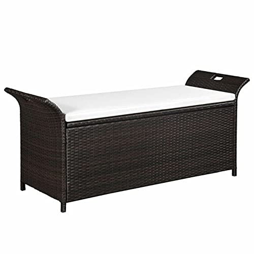 SHUJING Truhenbank mit Polster, Gartenbänke, Sitzbank Outdoor, Parkbank, Garten Bank Für Draussen, Outdoor Deko Wetterfest, 138 cm Poly Rattan Braun