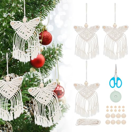 ORIGACH Lot de 3 kits d'ange en macramé pour débutants, décoration de Noël à suspendre, décoration murale en macramé bohème pour maison, salon, anniversaire, fête de mariage