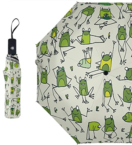 SEEKJOYS Cartoon-Frosch-Illustration, Reise-Regenschirm, abstrakter Frosch-Regenschirm, UV-Schutz, stark, kompakt, stilvoll, automatisches Öffnen/Schließen, tragbarer Regenschirm für Regen und