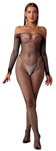 Walang Lip Women‘s Sexy Fishnet Mesh Bodystockings One Piece Bodysuit Teddy Lingerie Outfit Jumpsuit Underwear (Black)