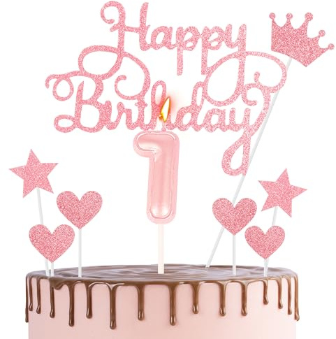 Happy 1st Birthday Cake Topper & Candle - Pink Number 1 Candle for Cake & Cupcakes - Girls Birthday Party Decorations