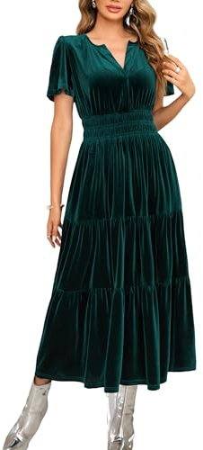 R.Vivimos Autumn Winter Women's Velvet Maxi Dress Short Sleeve V Neck Tiered Ruffle A Line Vintage Dress(XLarge,DarkGreen)