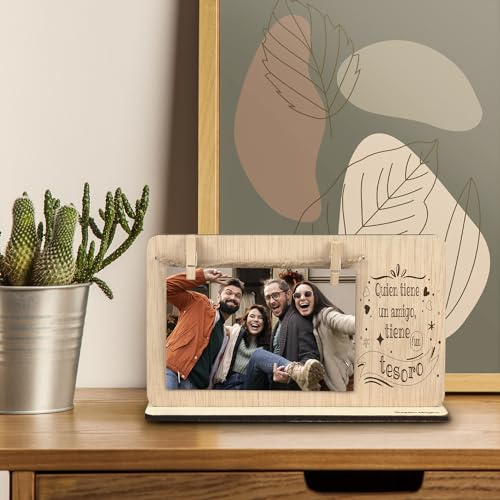 SAQUITOMAGICO Cornice portafoto con pinza per capelli in legno per le amiche. Regali per le amiche. Regalo di compleanno. Cornice portafoto