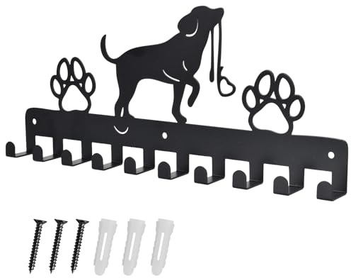 Haken Kleiderbügel Wand Schlüsselhalter Hund und Pfote Drucke Metall Schlüsselhalter mit 10 Haken Hundegarderobe Schwarz Eisen Wandmontage Haken für Hundebesitzer, Wanddeko Metall, Badezimmer, Küche
