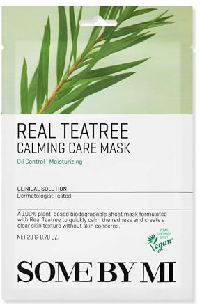 SOME BY MI Real Teatree Calming Care Mask - Pack of 10 - Made from Tea Tree Water for Sensitive Skin - Mascarilla de hoja coreana vegana diaria para el calmante y el cuidado de la piel - Cuidado de la