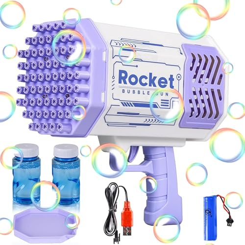 JONRRYIN Macchina Fare Bolle Automatica, 69 Buche Bubble Gun, Pistola Bolle Sapone, Giocattoli Creazione con Due Bottiglie Acqua Saponata Compleanno Festa Nozze Giochi Coperto e All'aperto (Purple)