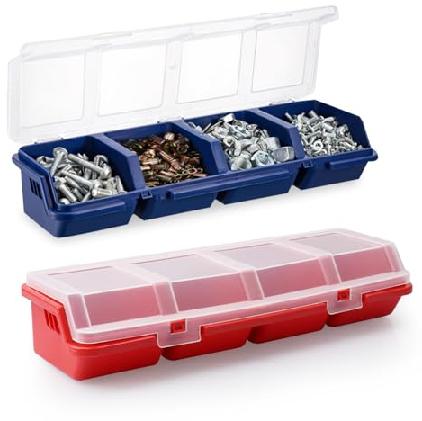 Bvdfgk Small Parts Storage Organizer, 2 Pcs 4 Compartments Nuts and Bolts Tool Box with Divider and Lid, Hardware Box Storage, Sealing, Leak-proof, for Screw, Nail Tools, Jewelry, Fishing Accessories