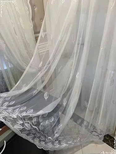 Homxi Voile Gardinen Wohnzimmer 2er Set,2 x 96W x 115H cm,Gardinen mit Tüll Weiß Blätter Stickerei Gardinen Küche mit Ösen