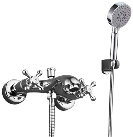 HomeLava Retro Doppelhebel Badewannenarmatur Set Messing Wasserhahn Badewanne Wannenarmatur Zwei Griffe mit Handbrause und Brauseschlauch Mischbatterie für die Wanne, Chrom