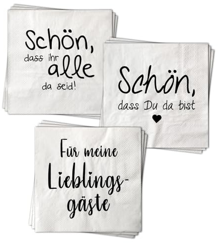 Servietten 60 Stück mit 3 verschiedenen Motiven - Gastfreundschaft - Tischdeko Papierservietten 3er Set mit Spruch - 3-lagig für Taufe Hochzeit Kommunion Konfirmation Fest