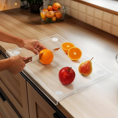 Belle Vous Tabla de Cortar Transparente con Borde - Protector de Encimera de Vidrio Acrílico Antideslizante de 33 x 42,5 cm - Tabla de Cocina Cubre Encimeras Profesional de Cristal