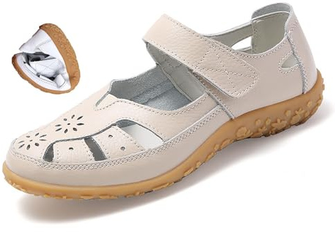 MAOAEAD Mocassini Ortopedici In Pelle Traspirante Donna Retro Piatto Vera Pelle Antiscivolo Sandalo Punta Chiusa Sandali Pescatore, Beige, 40 EU