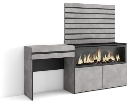 Skraut Home | Tocador | Dormitorio habitación | 177x145x35 cm | con cajón | Chimenea eléctrica XXL | Listones Decorativos | Estilo Moderno | Cemento