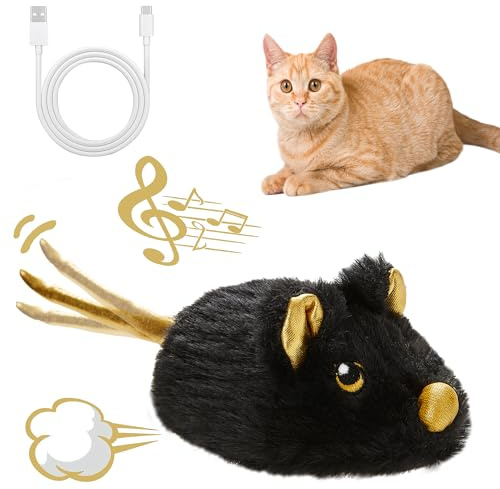 Vealind Juguete Eléctrico para Gatos, Ratón de Juego con Movimiento, Recargable por USB, Interactivo (Negro)
