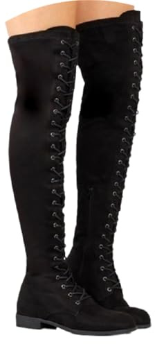 Agiyenna Bottes Gothiques Punk pour Femme Cuissardes à Lacets Vintage Plates Talon Bas Longues Bottes Hautes Bottes Hautes Extensibles Bottes D'Extérieur Décontractées Bottes D'Hiver Unies et Chaudes