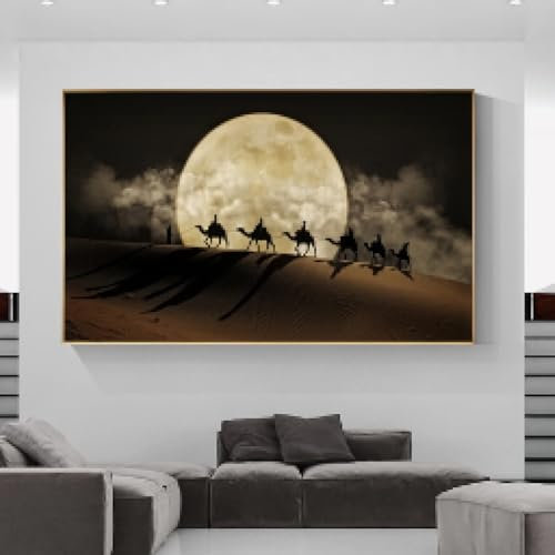 DAMAIART Kamele in der Wüste, Wandkunst, Poster und Drucke, Mondnachtlandschaft, Leinwandgemälde für Wohnzimmer, Heimdekoration, Bilder, 70 x 100 cm, rahmenlos