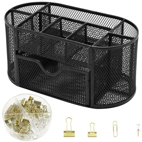 Lvjkes Netz Schreibtisch Organizer, Multifunktionaler Schreibtisch-organizer mit 9 Fächer und Büroklammer 4-in-1-Set, Voluminös für Grundschulkinder, Studenten oder Büroangestellte (Metall Schwarz)