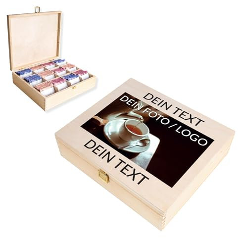 Creative Deco Scatola Porta Tè e Tisane in Legno per Natale, Personalizzato Regalo con tuo Testo e Foto 12 Scomparti 29x25x7.5cm | Portagioie Coperchio, Serratura e Divisori Rimovibili, Scatola Regalo