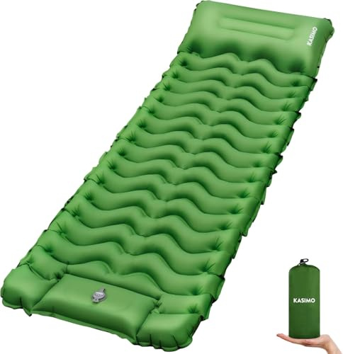KASIMO Matelas Gonflable 1 Place Autogonflant Camping avec Coussin Pompe à Pied, Ultraléger Étanche Compact pour Tent Camping Randonnée Trekking Vert