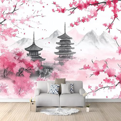 Carta da parati fotografica 200 x 140 cm Rivestimento murale decorazione soggiorno Design Ciliegio Giapponese In Fiore Pagoda per camera da letto soggiorno Carta da parati non tessuta, Rosa