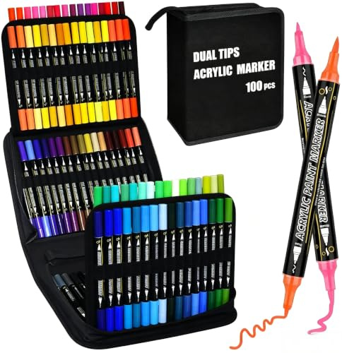 WOGOPRO Acrylic Paint Pens, 100 Colours Dual Tip Acrylic Paint Markers, Art Pens with Brush and Fine Tip, Paint Pens for Painting, Stone, Glass, Wood, Canvas, Easter Eggs