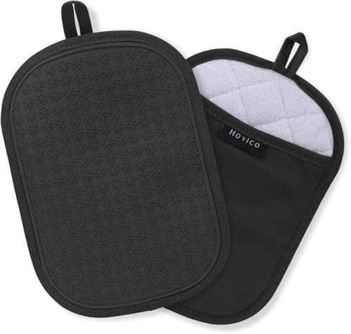 2 presine in silicone resistente al calore con tasche, presine antiscivolo per cuocere e cucinare in cucina | 25,9 x 17,8 cm | Fodera interna in tessuto asciugamano - nero