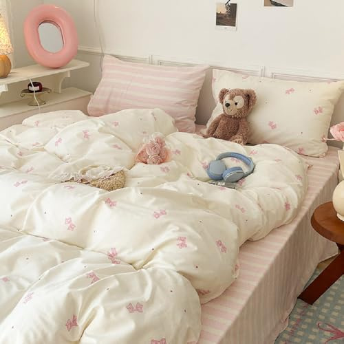 Lanqinglv Juego de ropa de cama 135x200 para niñas, rosa y blanco con lazos, ropa de cama infantil de microfibra, juego de ropa de cama ÖKO-TEX - Suave funda nórdica con cremallera y 1 funda de