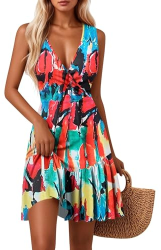 Midi Sommerkleider Damen Leicht Und Luftig Knielang Sommerliches Damenkleid Mit Blumenmuster Ärmellos V Ausschnitt Knielang Für Strand Freizeit