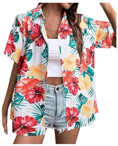Chemise Hawaienne Femme, Shirt Boutonné Tenue Hawaienne Femme Chemise Col à Revers D'été à Manches Courtes Blouse Imprimé Fleuri Cardigan à Boutons Décontractées Vacances Tops de Plage Chemisier