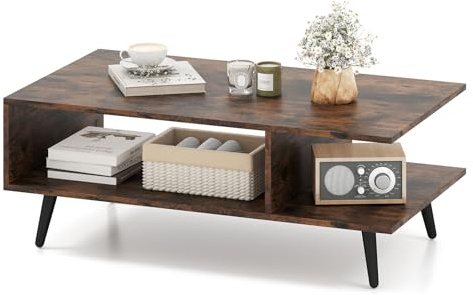 COSTWAY Couchtisch mit Stauraum, 2 stufiger Wohnzimmertisch mit offenem Regal & Metallbeinen, Beistelltisch aus Holz, Sofatisch Kaffeetisch für Wohnzimmer, Schlafzimmer, 80 x 45 x 30 cm (Braun)
