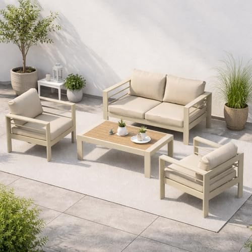 LANOX Aluminium Gartenmöbel Set Gartenlounge-Set Loungeset für 3-4 Personen Terrasse Balkon, Wetterfest Sitzgruppe Gartengarnitur (4-TLG., 1×2-Sitzer Sofa, 2×Sessel, 1×Tisch, 8×Auflagen), Beige