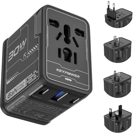 Universal Travel Adapter 30W GaN, KEY POWER All-in-One International Power Adapter with 2 USB-C & 1 USB-A, Worldwide Plug Converter for EU/US/UK/AU in 200+ Countries
