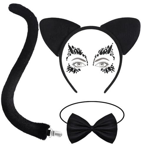 duludulu Katzenohren Haarreif Erwachsene, Katzen Ohren Katze Kostüm Damen Accessoire mit Temporäre Tattoo Gesicht Krawatte Schwanz Cosplay für Karneval Fasching Halloween Festival Mottoparty