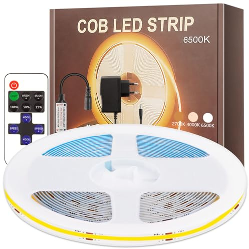 PSTAR 6M COB LED Streifen, LED Band 6500K Dimmbar 320LEDs/M mit Netzteil und Fernbedienung, Lichtleiste Selbstklebend 24V, 8mm Breite für Wohnzimmer, Schlafzimmer, Gaming Zimmer