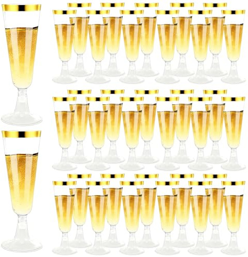 QinOustore Copas de champán de plástico, 100 unidades, reutilizables, 150 ml, con bordes dorados para bodas, cumpleaños, picnics y fiestas