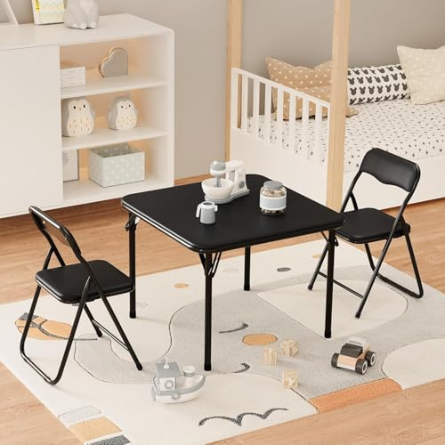 Salutmeuble - Juego de mesa y sillas plegables para niños, mesa y sillas de actividades para niños y niñas con cojín suave de PU para comer, leer y jugar (Negro)