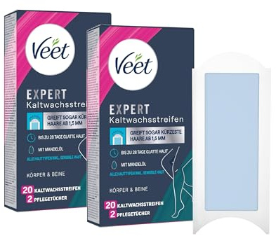 Veet Expert Kaltwachsstreifen 2er Pack Körper & Beine - Wachsstreifen zur Haarentfernung für alle Hauttypen inkl. sensibler Haut - 2 x 10 Doppelstreifen = 40 Streifen