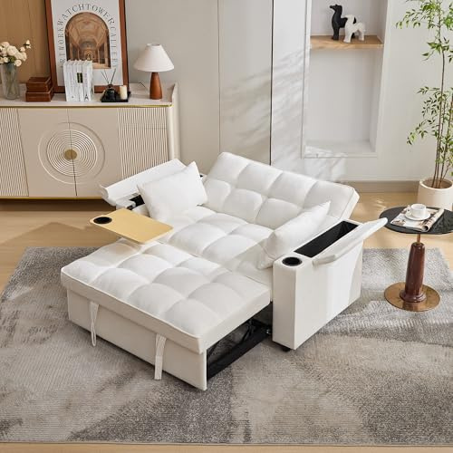Schlafsofa 3-in-1 Ausziehsofa, mit verstellbarer Rückenlehne, USB-Anschluss, 2-Sitzer sofa Loungesofa Daybed Faltbar Auszug,Ausgestattet mit verstecktem Tisch, Getränkehalter 140.5*74*82cm (Beige)