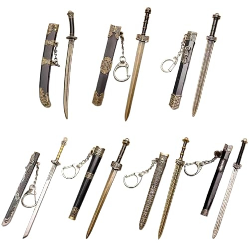 Xweptuy 7 Piezas Mini Espada, 4.7 Llavero de Espada Antigua Llavero Chino de aleación de Zinc patrón de decoración de Vaina Antigua Modelo de Hoja sin Cortar para Hombres y Mujeres