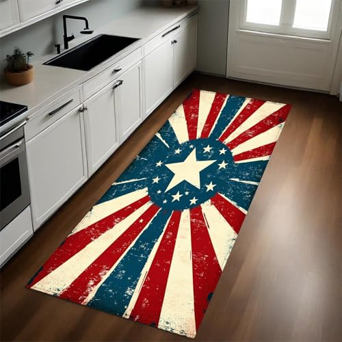 Rot Küche Bodenmatte Geometrische Linien und Sterne rutschfest Waschbar Fußmatte Läufer Flurteppich Teppich Küchenläufer Küchenteppich 50 x 150 cm