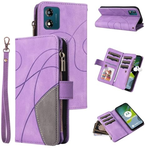 Funda para Motorola Moto E13, Estilo Retro, con Cremallera, Piel sintética, Suave, Cierre magnético, 9 Tarjetero, función Atril, Cartera con Correa, Púrpura