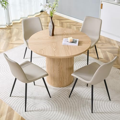 DRIXNO Essgruppe 5-Teilig, 100cm Runder Esstisch und 4 Esszimmerstühle, Küchentisch aus MDF, Kombiniert mit Hellgrau Stühlen und verbreiterter Naturholz Sitzfläche, Für Küche, Esszimmer, Wohnzimmer