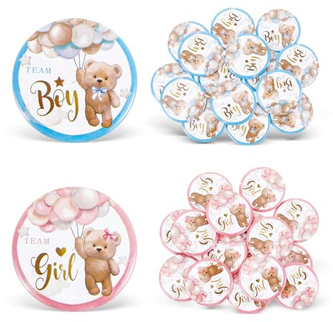 Tyqour Lot de 30 boutons révélateurs de sexe - Décoration de fête de genre pour garçon ou fille - 3,8 cm - Pour fête prénatale - Accessoires de décoration de fête d'invités et jeux (bleu et rose)
