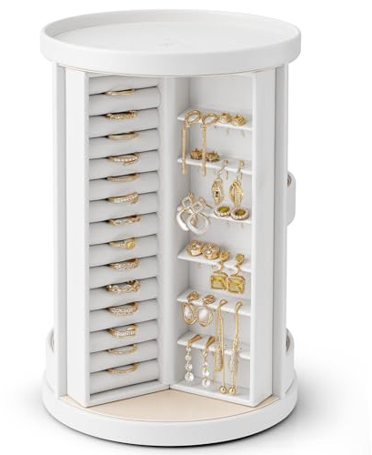 VLANDO Jewllery Stand 360°Rotating,Vertical Jewellery Organiser,Neacklace Box with 6 Hooks,Large Jewellery Box for Necklace,Earring,Ring,Bracelets,Gifts for Mum,White