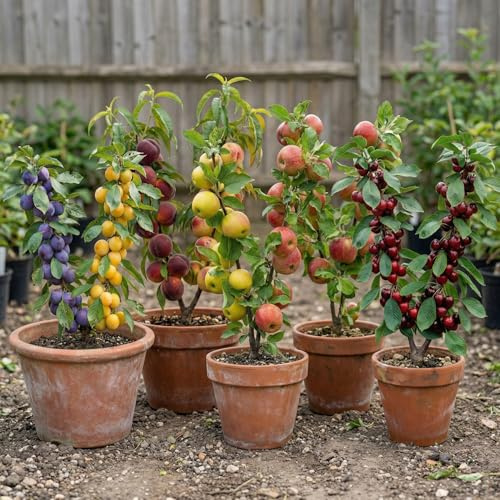 5er-Set mit 5 Säulen-Duobäumen: Birnenduo, Kirschduo, Pfirsichduo, Pflaumenduo & Apfelduo - Geeignet für Balkon, Terrasse und kleine Gärten - Geeignet für Töpfe und im Garten
