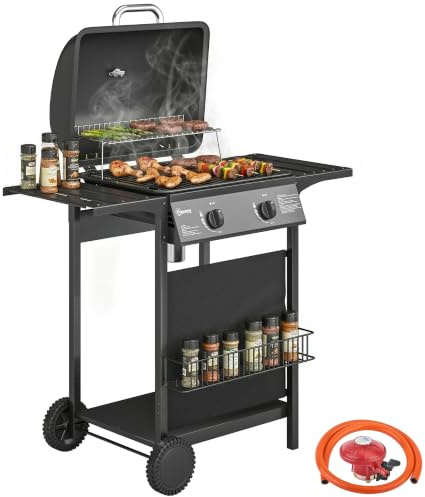 Outsunny 2 Burner Gas Barbecue Grill BBQ w/Side Tables Warming Rack Black | Garden BBQ Grill, Shelf, Thermometer, Piezo Ignition, Grease Tray, Outdoor Cooking, Patio Parties