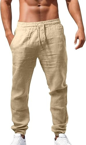 YNRENHNEE Pantaloni Lino Uomo Estivi Leggeri e Traspiranti Pantalone Trousers Baggy Casual Pantalaccio Larghi Vita Elastica Classico Cotone di Lavoro Palestra Pants per Estate Vacanze e Spiaggia