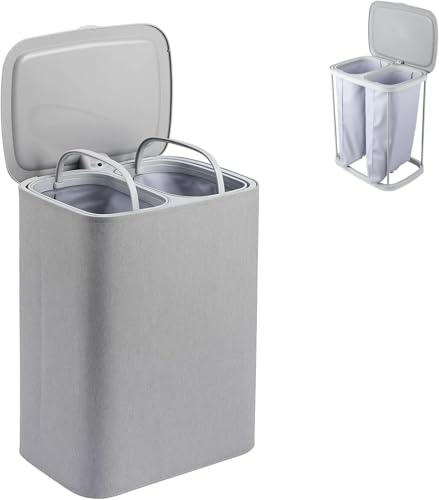 ARATERVIO Wäschekorb mit 2 Fächern 90L Wäschesortierer mit Deckel | 2 herausnehmbaren Wäschesäcken Wäschetrenner Organizer mit Griffen für Badezimmer Schlafzimmer Waschküche Grau Wäschebehälter